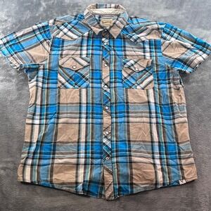 Roebuck & Co Mens XL Blue Tan Plaid Short Sleeve Western Snap Shirt